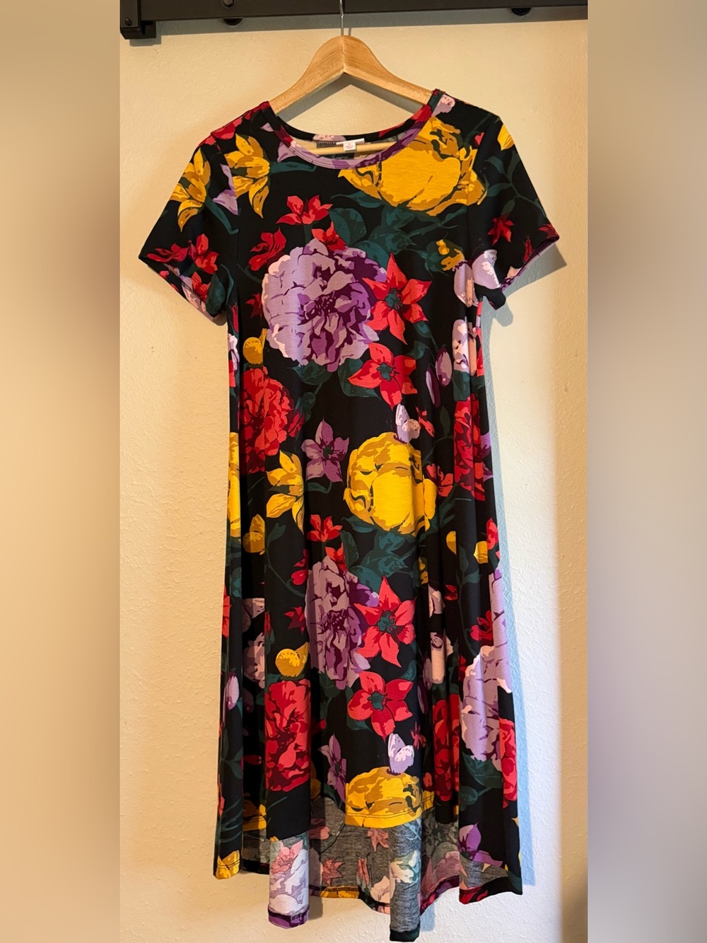 LuLaRoe Black Floral High-Low Dress with Yellow, Purple, Red Blooms